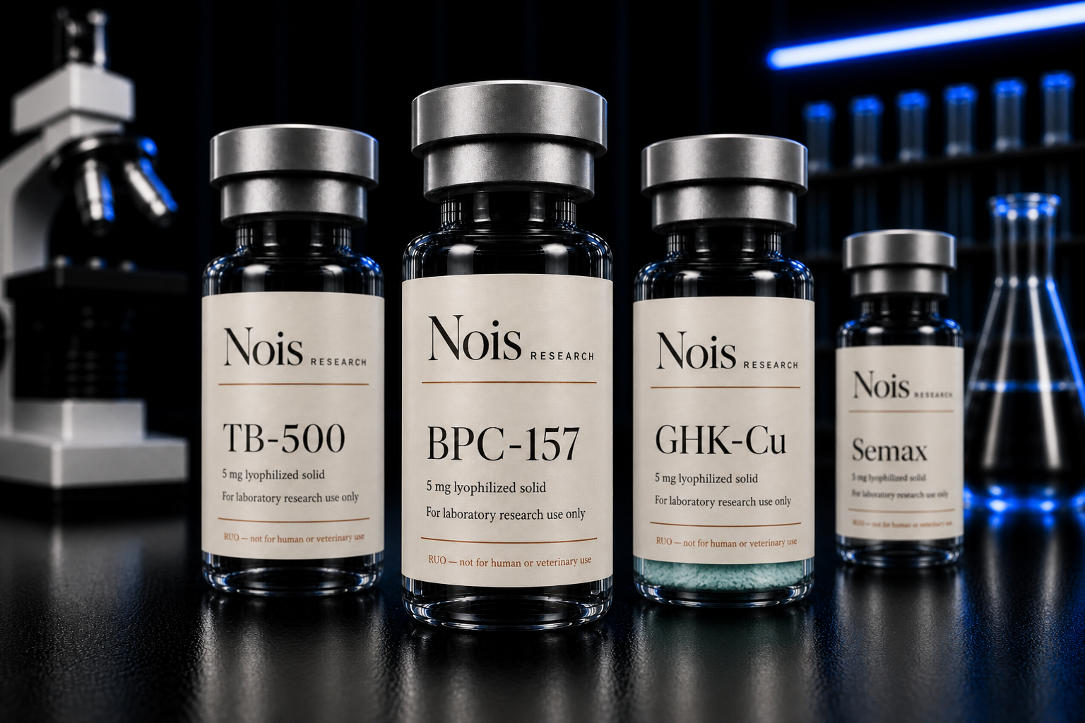 Nois Research group vial photograph: BPC-157 in front, with TB-500, GHK-Cu, and Semax on a dark laboratory bench