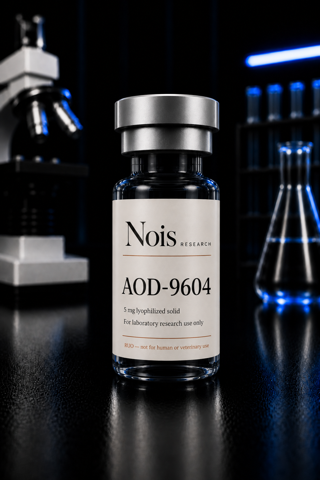 Nois Research AOD-9604 lyophilized research vial, cap to base