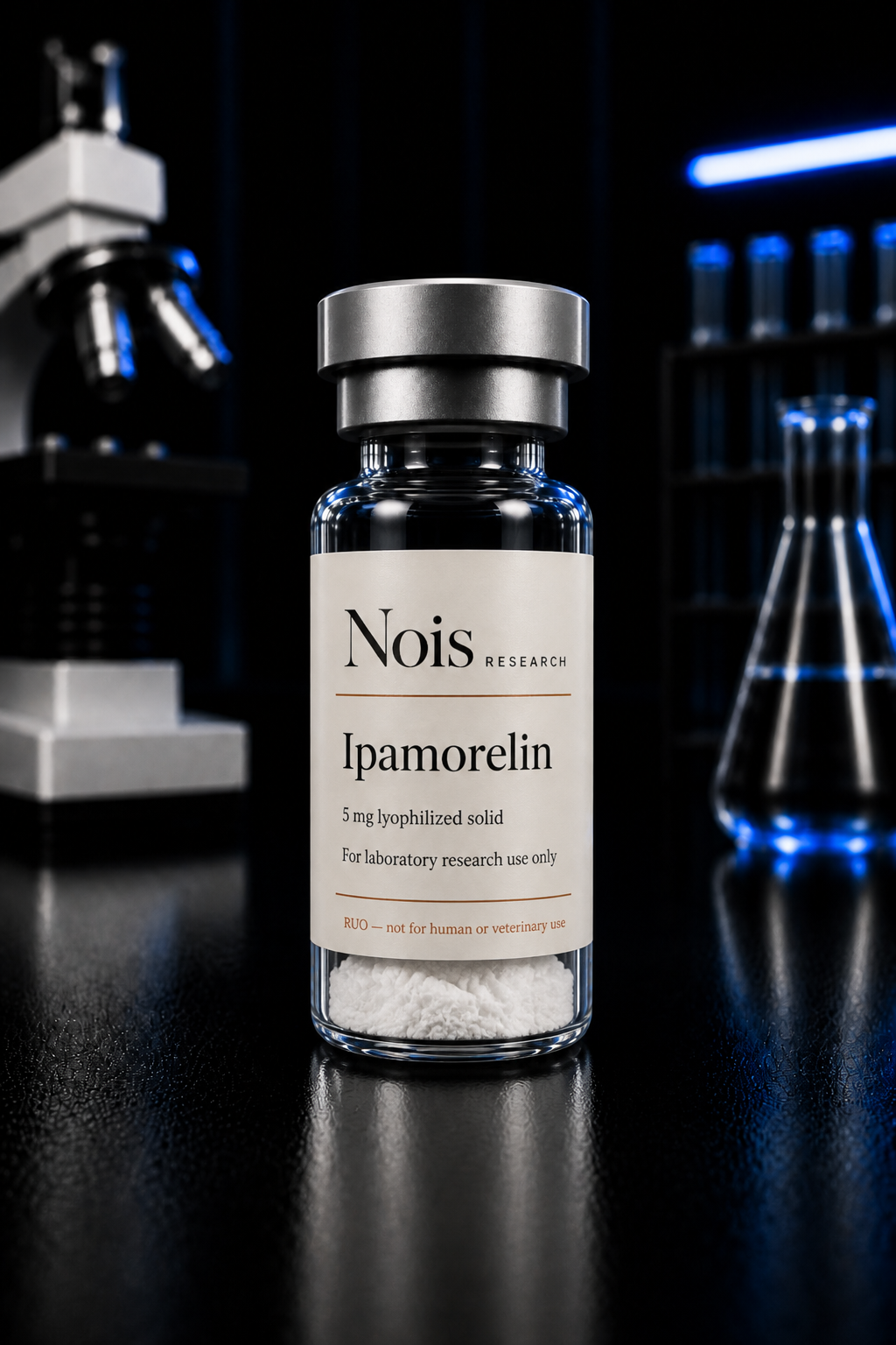 Nois Research Ipamorelin lyophilized research vial, cap to base