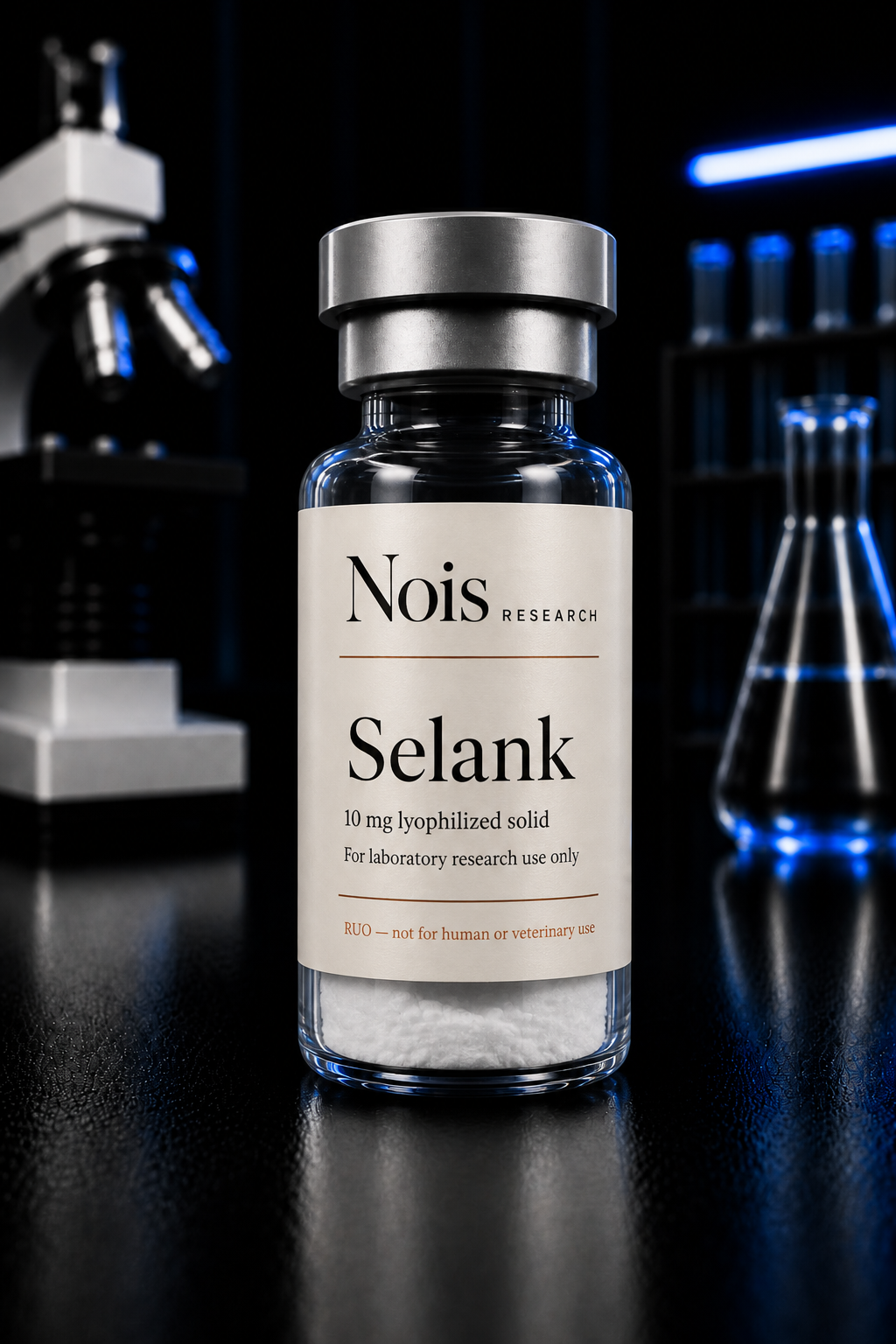 Nois Research Selank lyophilized research vial, cap to base